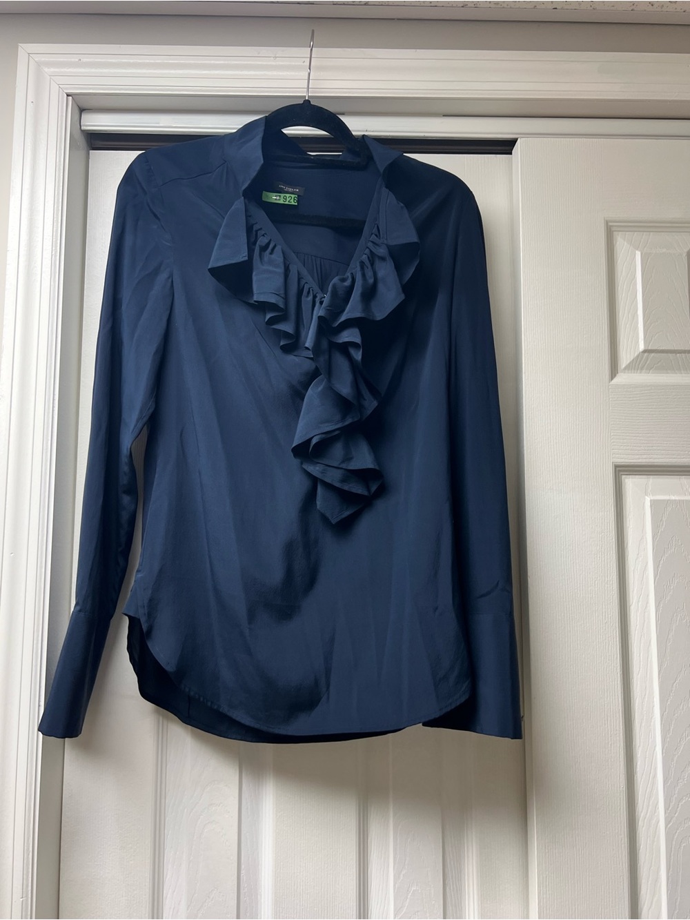 Ann Taylor Navy Ruffled V-Neck Long Sleeve Blouse